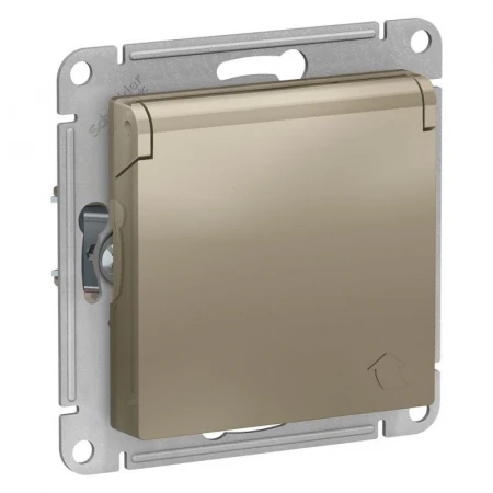 Розетка 2К+З Systeme Electric AtlasDesign 16A 250V со шторками и крышкой шампань ATN000546